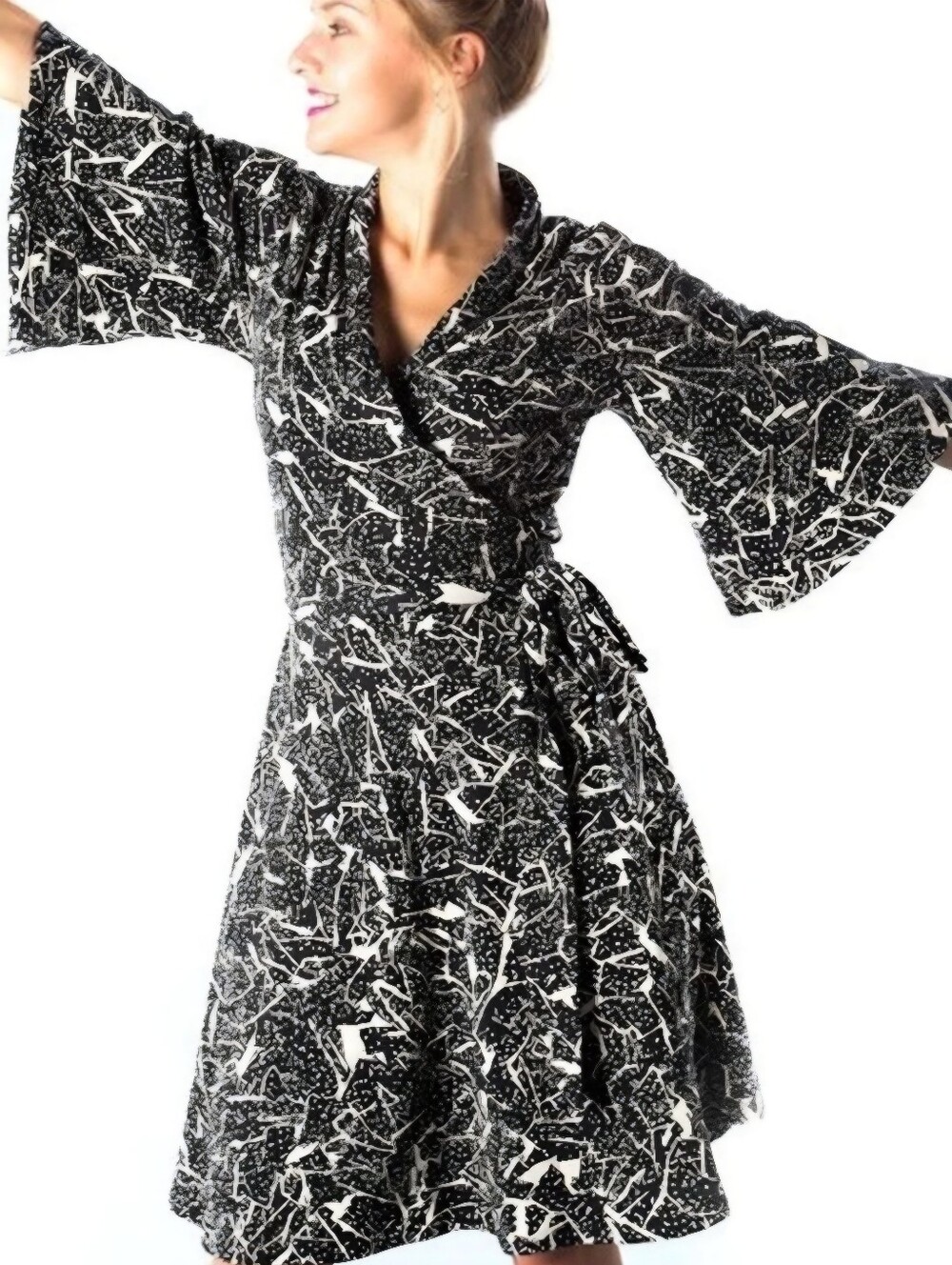Betabrand Black And White Print Ready To Go Kimono Wrap Dress